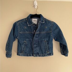 Zara Girls Rhinestone Embellished Blue Jean Jacket Distressed Collar Size 6-7